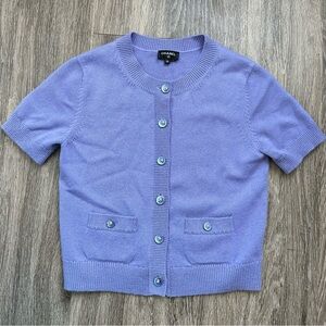 Chanel Cashmere Cardigan Short Sleeve Sweater Logo Lion Buttons Purple Size 36